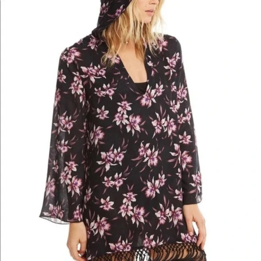 Chaser Fringe Hooded Black Floral Swim Coverup/Tunic Size Small
